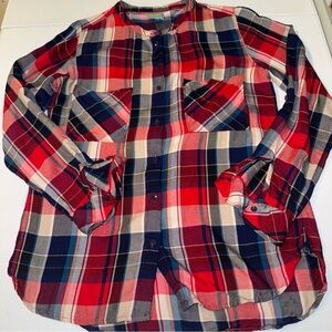 C&C Red White & Blue Plaid Roll Tab Sleeve Cotton Buttoned Shirt Sz Medium